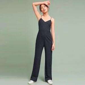 Anthropologie The Essential Pinstripe Jumpsuit Navy White Wide Leg Size 4